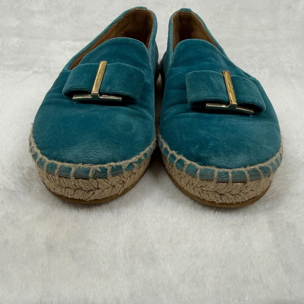 Salvatore Ferragamo‎ Teal Velvet Espadrille Loafers Gold Buckle Italy EU 28 0W